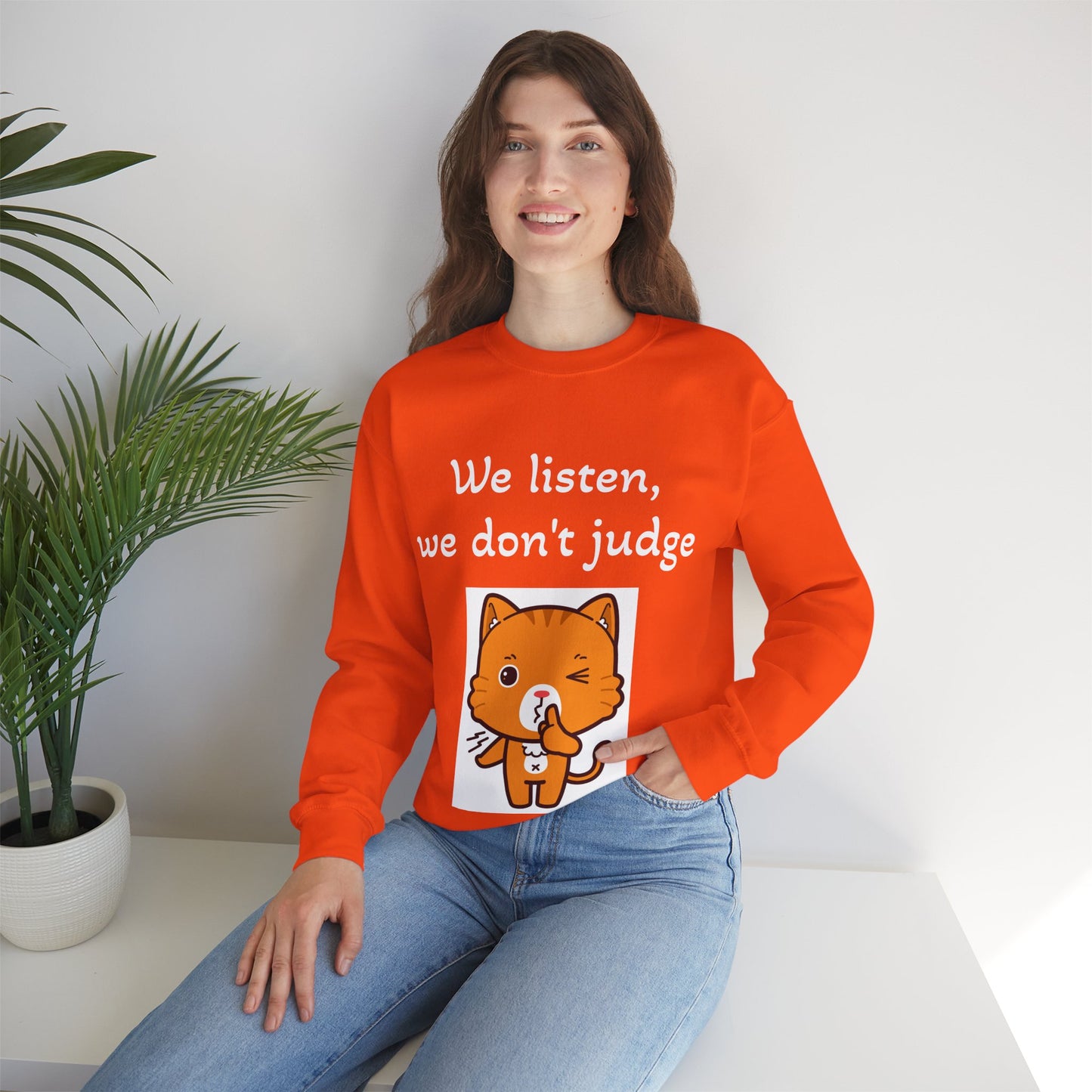 We Listen, We Don't Judge Cat Sweatshirt - Cozy Unisex Heavy Blend Crewneck